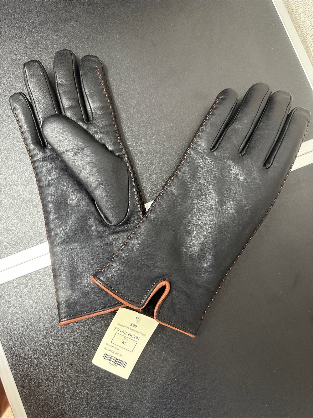 Men's Black Leather Gloves with Brown Contrast Trim